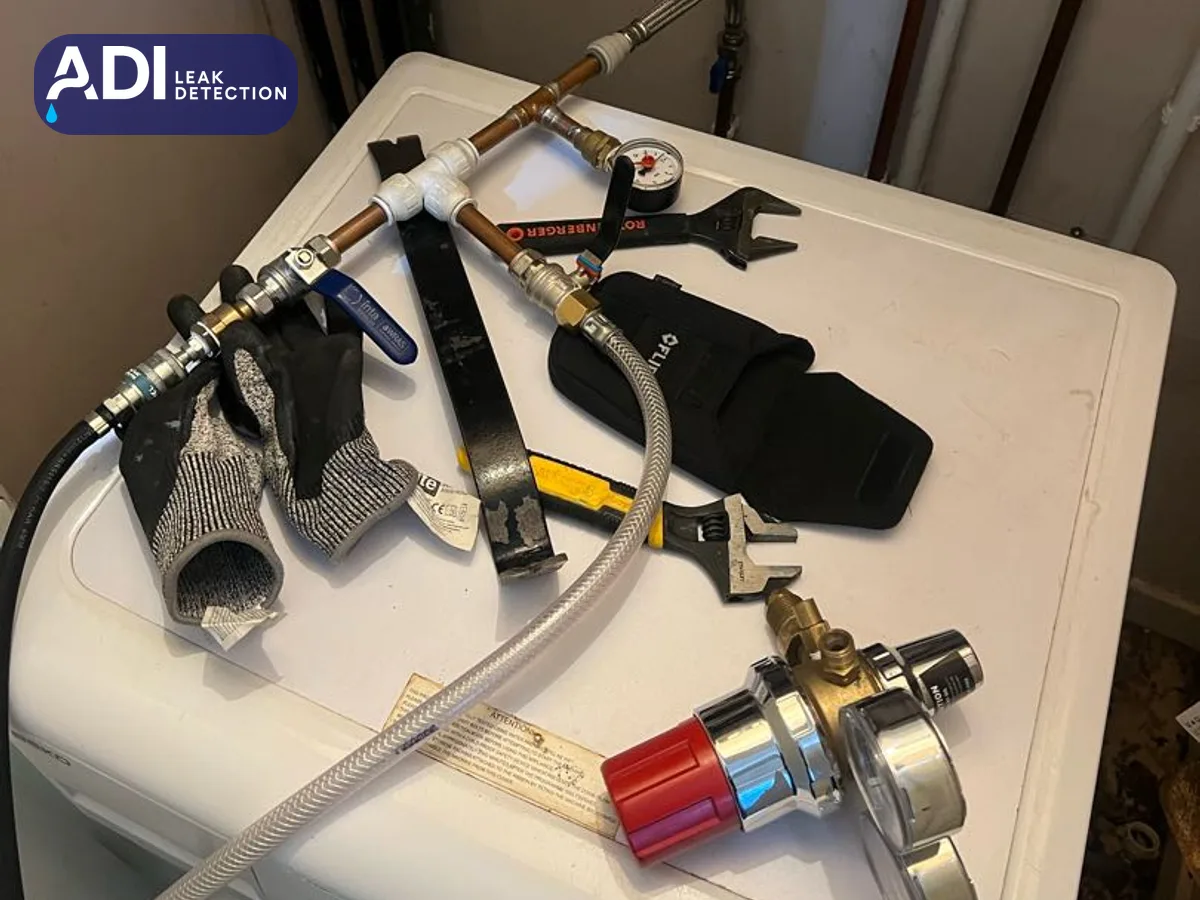 Pressure testing kit, with a gauge, hoses, valves and spanners, laid on top of a washing machine